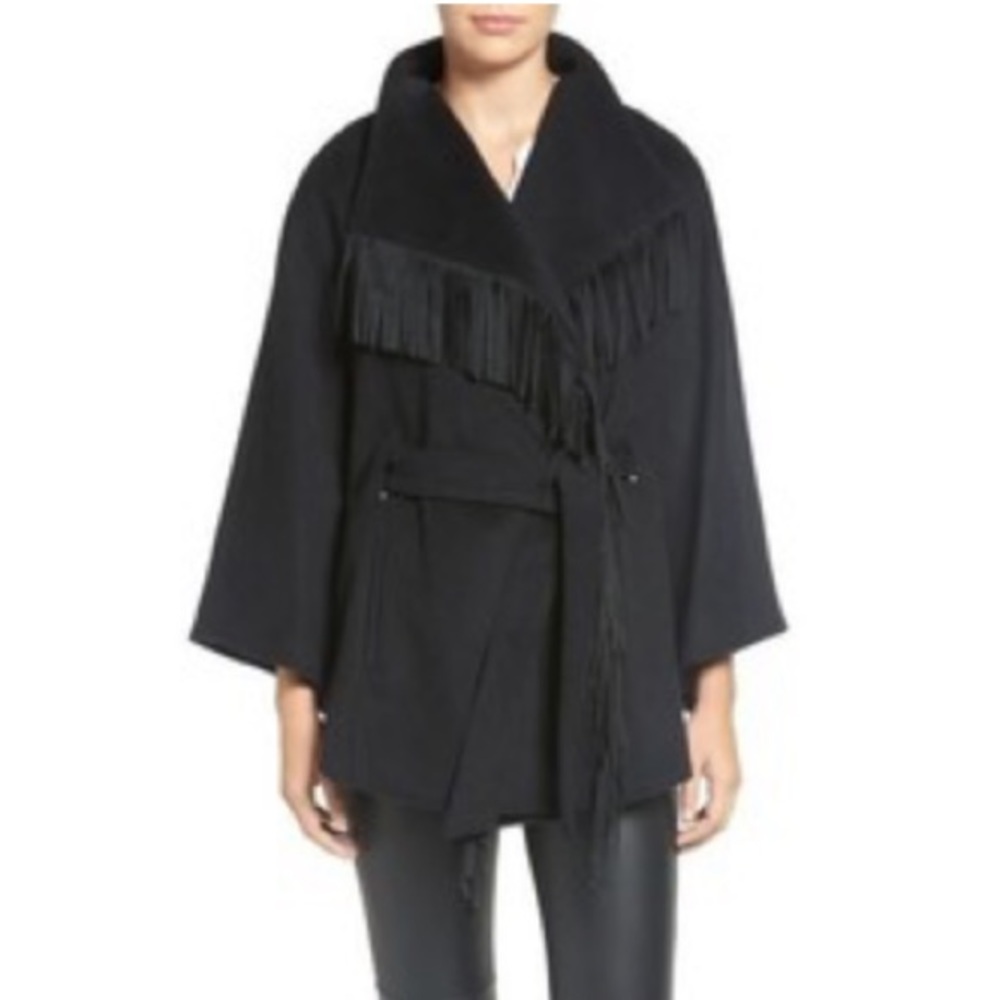 Ellen Tracy Faux Suede Fringe Belted Wool Blend Cape large
